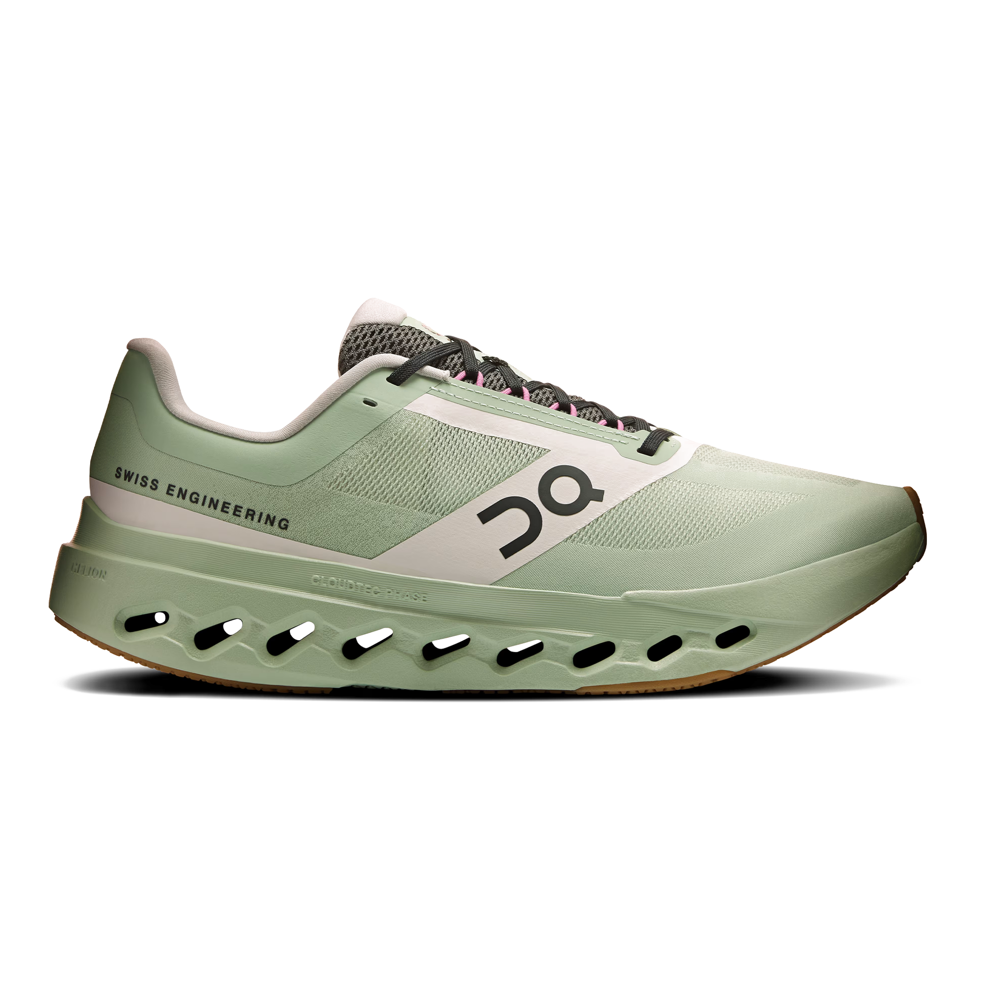 Side view on white background of Mens On Cloudsurfer Next Z5 running shoe in Mineral/Almond, Medium (Regular) width