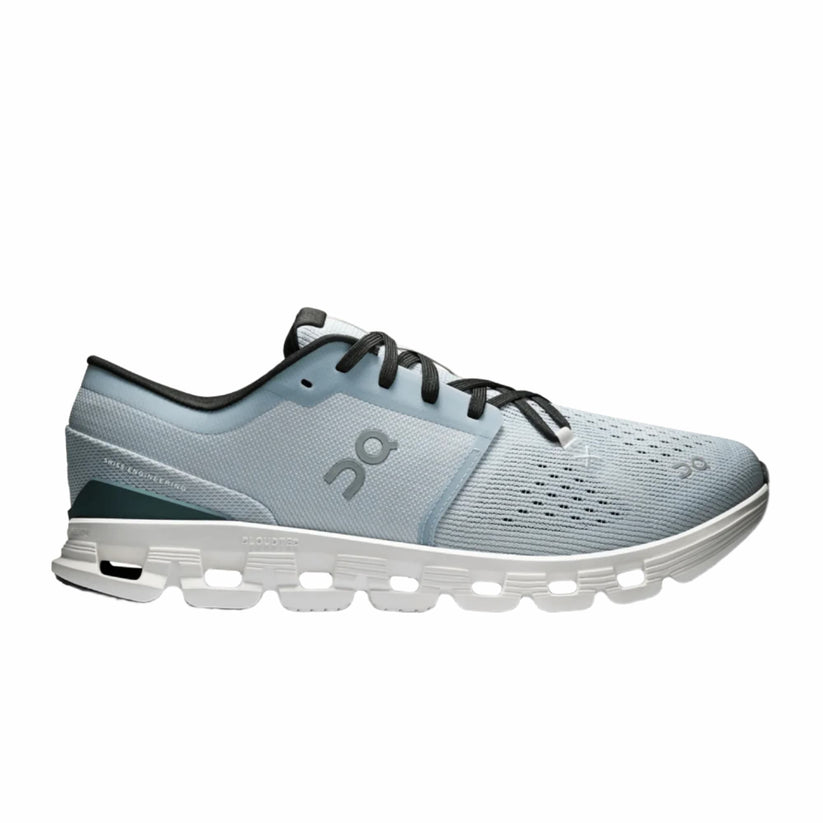 Side view on white background of Mens On Cloud X 4 running shoe in Glacier/Stone, Medium (Regular) width