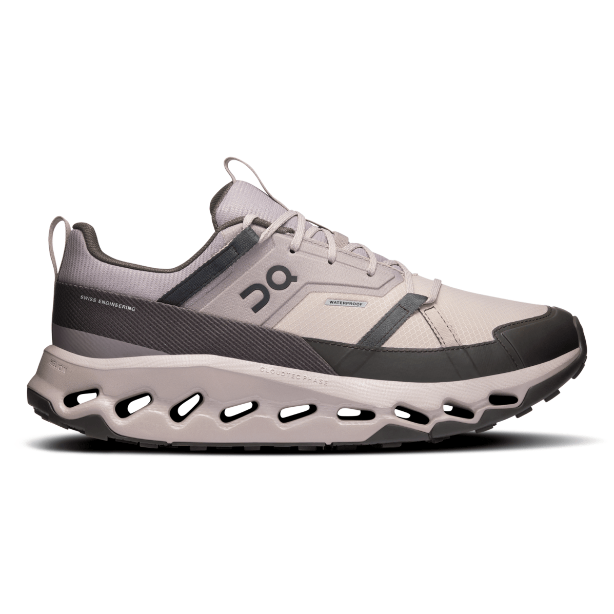 Side view on white background of Mens On Cloudhorizon Waterproof running shoe in Fog/Thorn, Medium (Regular) width