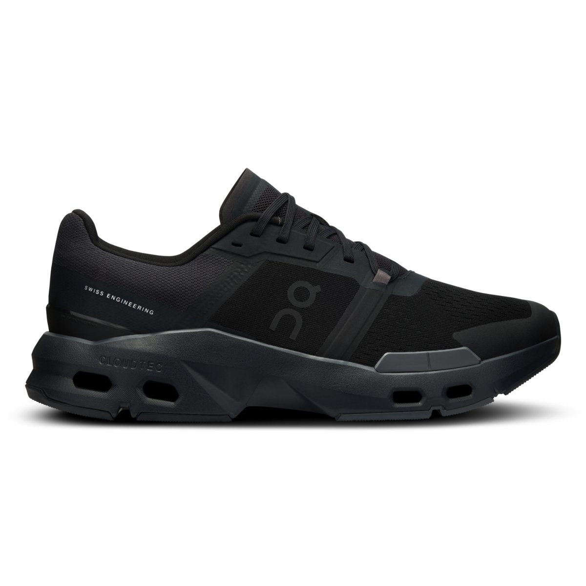 Side view on white background of Mens On Cloudpulse running shoe in Black/Eclipse, Medium (Regular) width