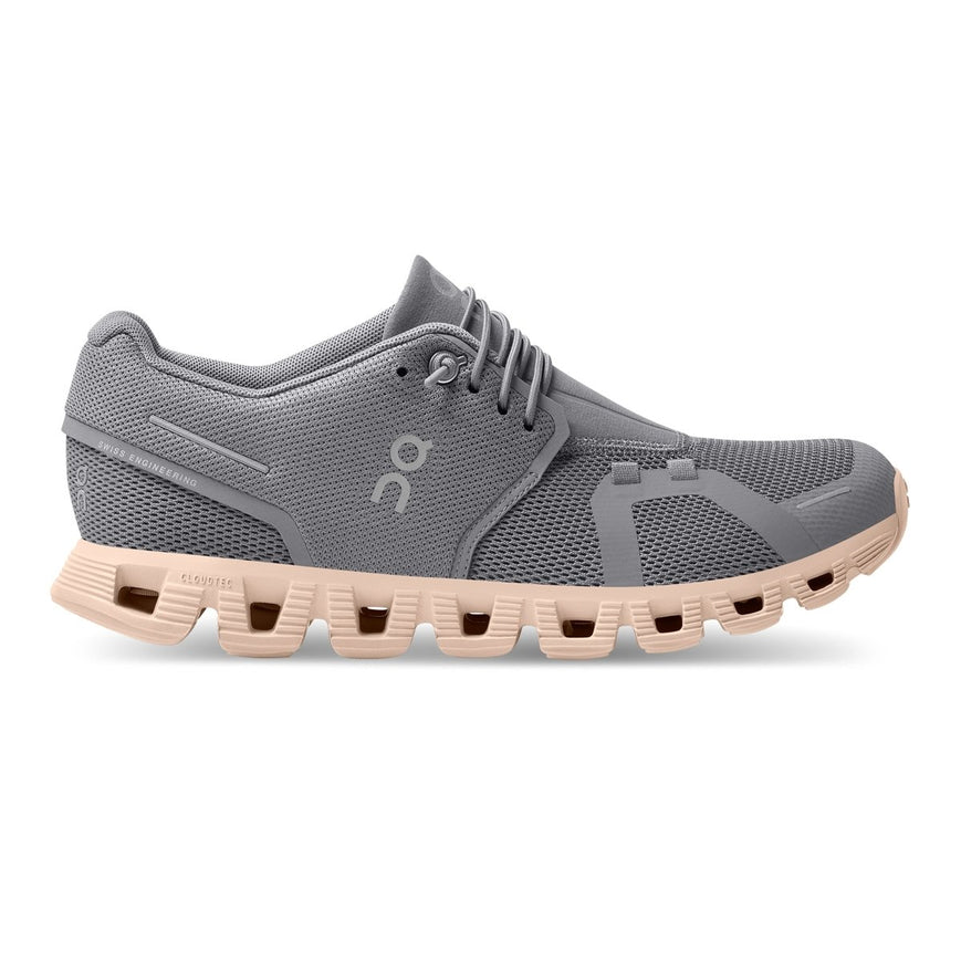 Side view on white background of Womens On Cloud 5 running shoe in Zinc/Shell, Medium (Regular) width