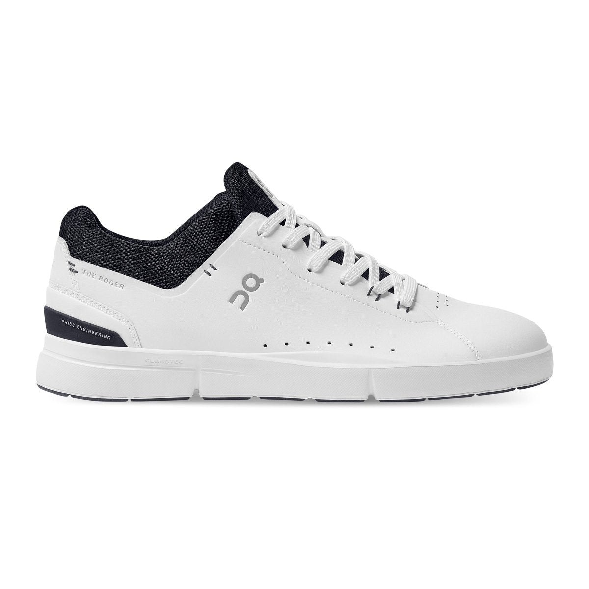 Side view on white background of Womens On The Roger Advantage running shoe in White/Midnight, Medium (Regular) width