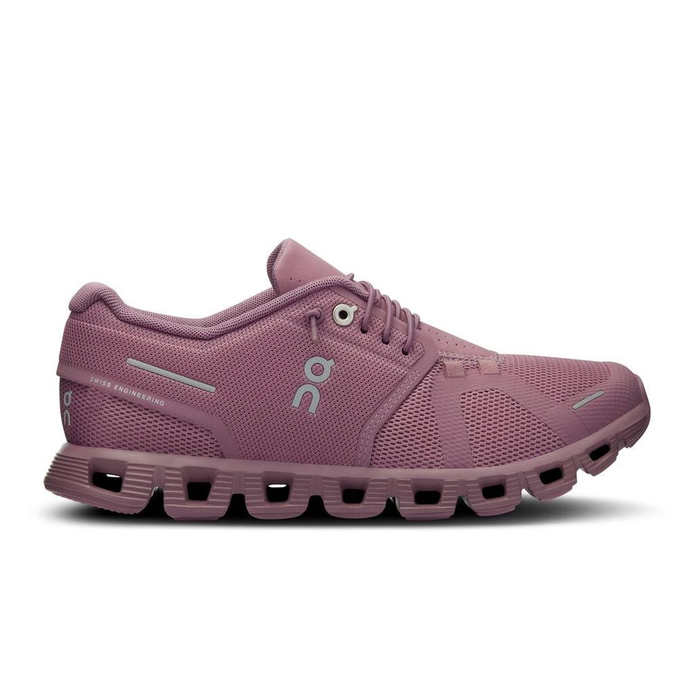 Side view on white background of Womens On Cloud 5 running shoe in Fig/Quartz, Medium (Regular) width