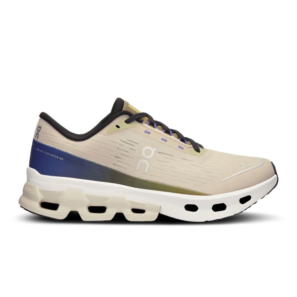 Side view on white background of Womens On Cloudspark running shoe in Ice/Grove, Medium (Regular) width