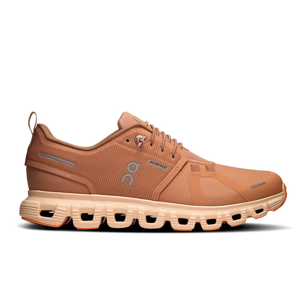 Side view on white background of Womens On Cloud 6 Waterproof running shoe in Sandstone/Blonde, Medium (Regular) width