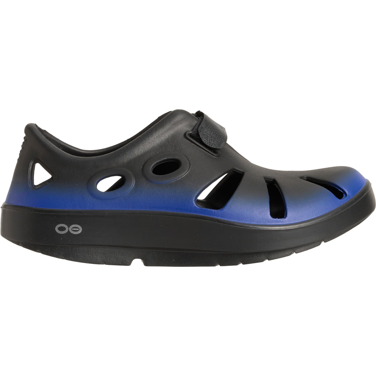 Side view on white background of Mens OOFOS OOcandoo running shoe in Royal, Medium (Regular) width