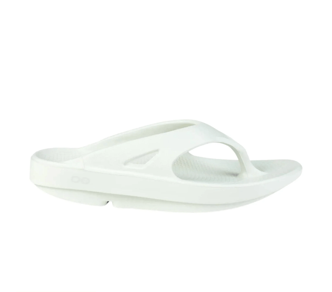 Side view on white background of Womens OOFOS OOriginal Sandal running shoe in Cosmic Gray, Medium (Regular) width