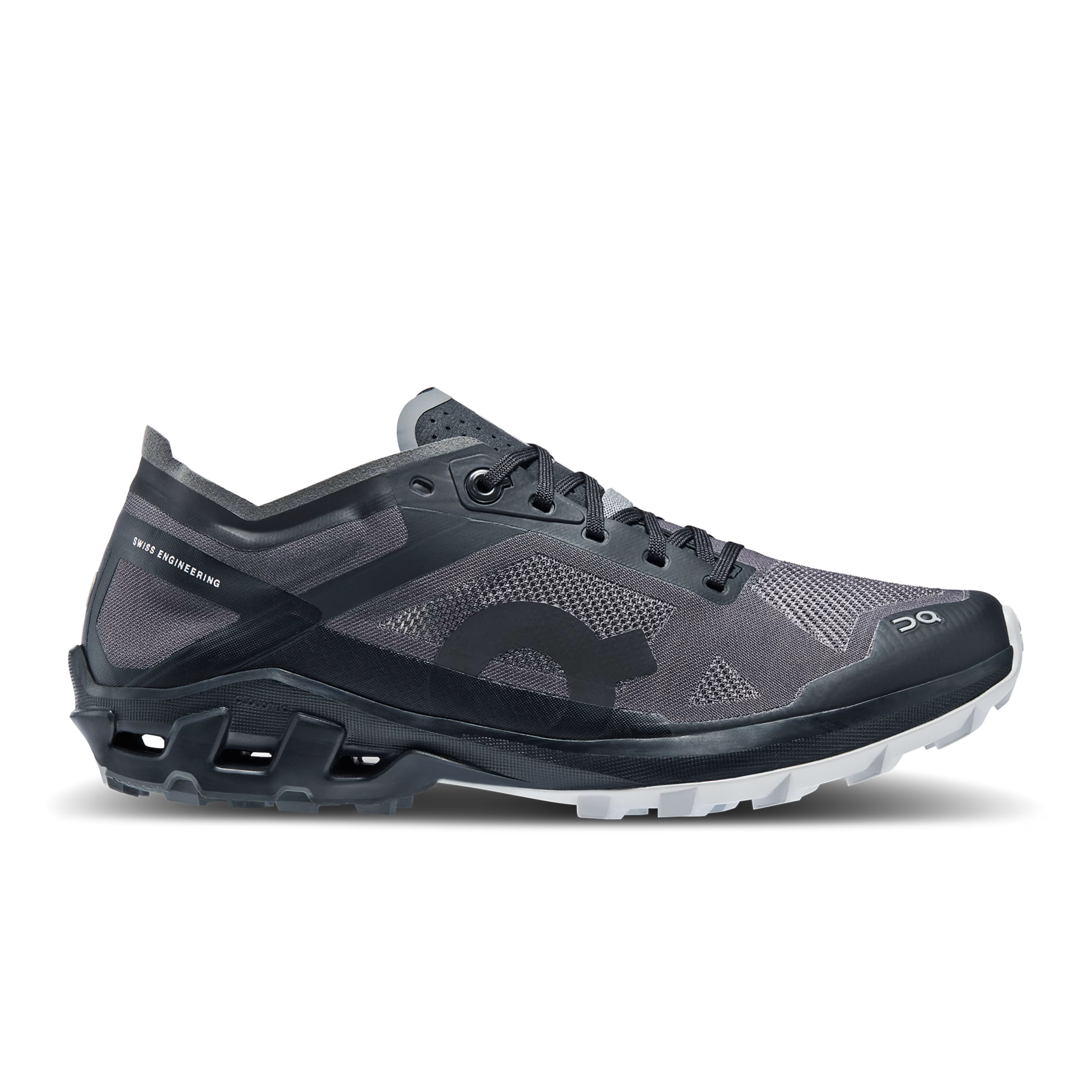 Side view on white background of Womens On Cloudventure Peak 3 running shoe in Black/Glacier, Medium (Regular) width