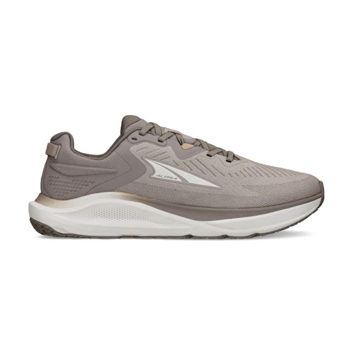 Side view on white background of Mens Altra Paradigm 8 running shoe in Tan, Medium (Regular) width
