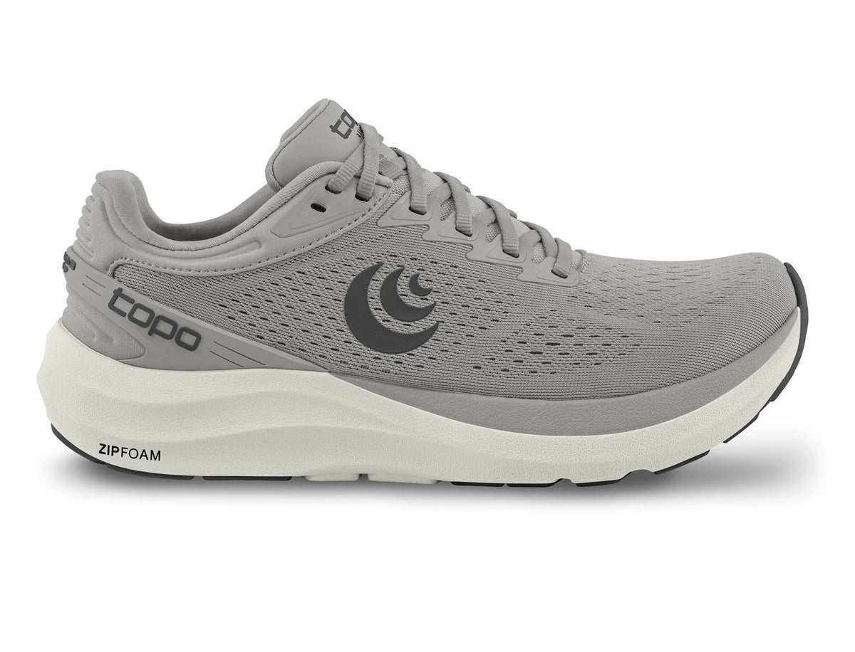 Side view on white background of Mens Topo Athletic Phantom 3 running shoe in Grey/Grey, Wide width