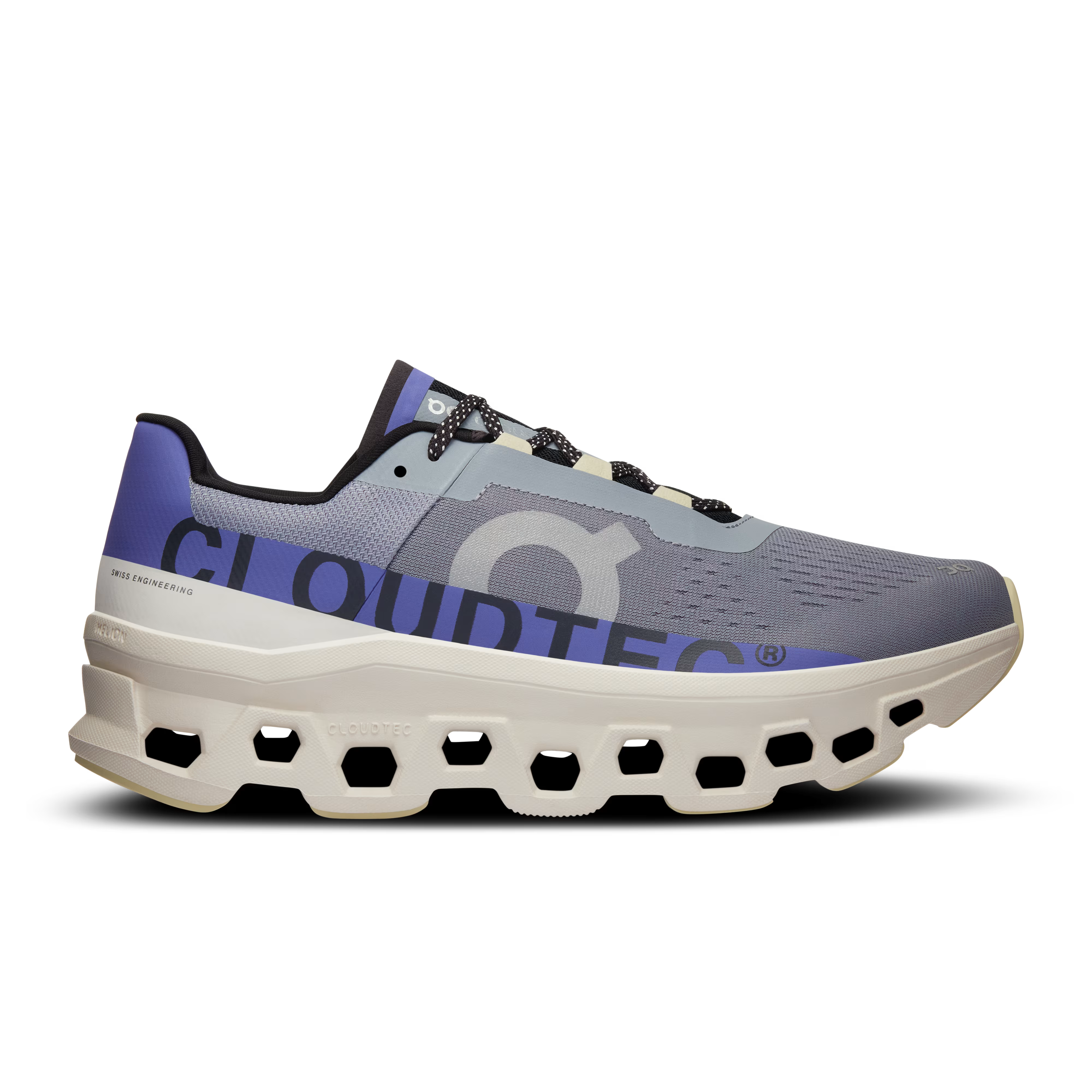 Side view on white background of Mens On Cloudmonster running shoe in Mist/Blueberry, Medium (Regular) width