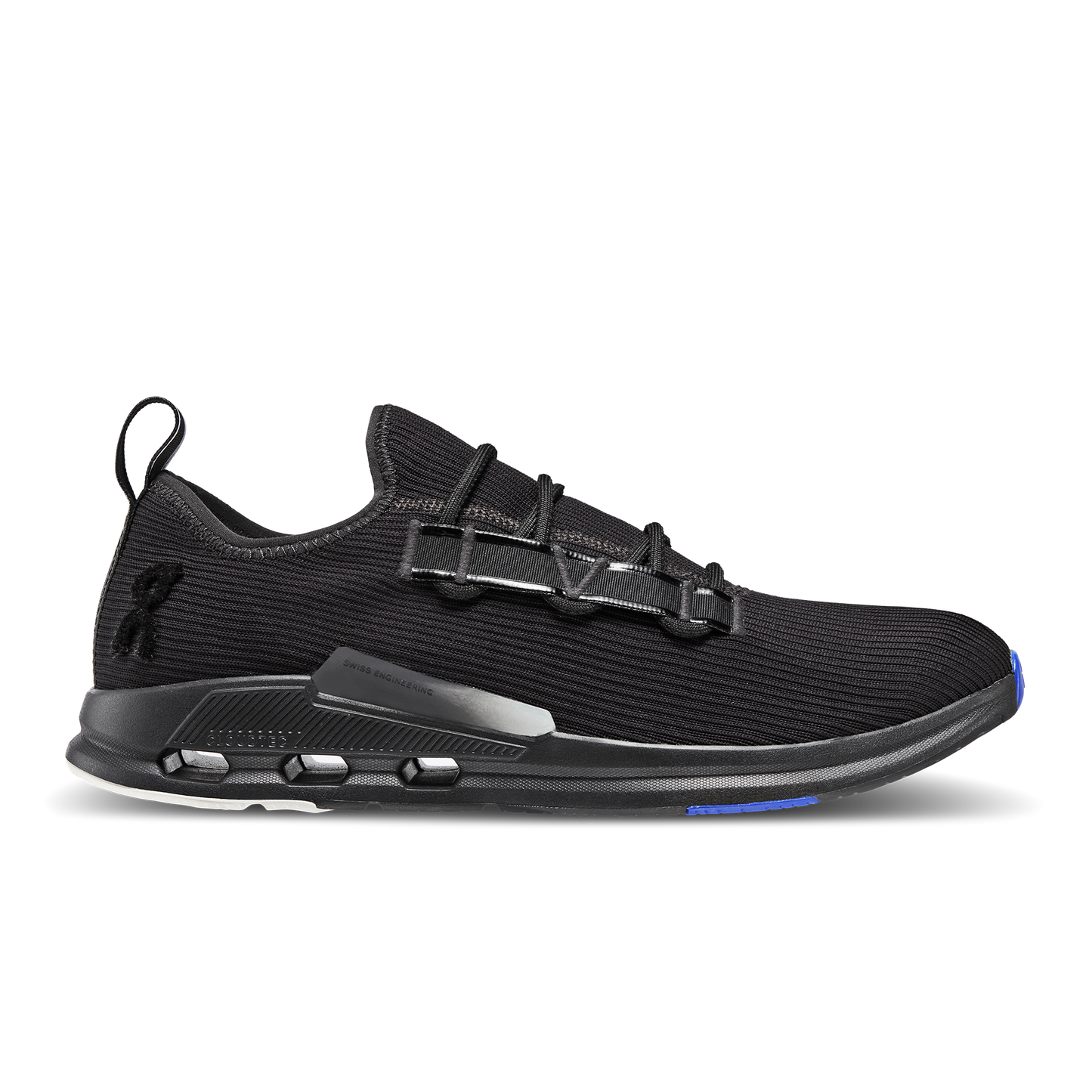 Side view on white background of Mens On Cloudeasy Sensa running shoe in All Black, Medium (Regular) width