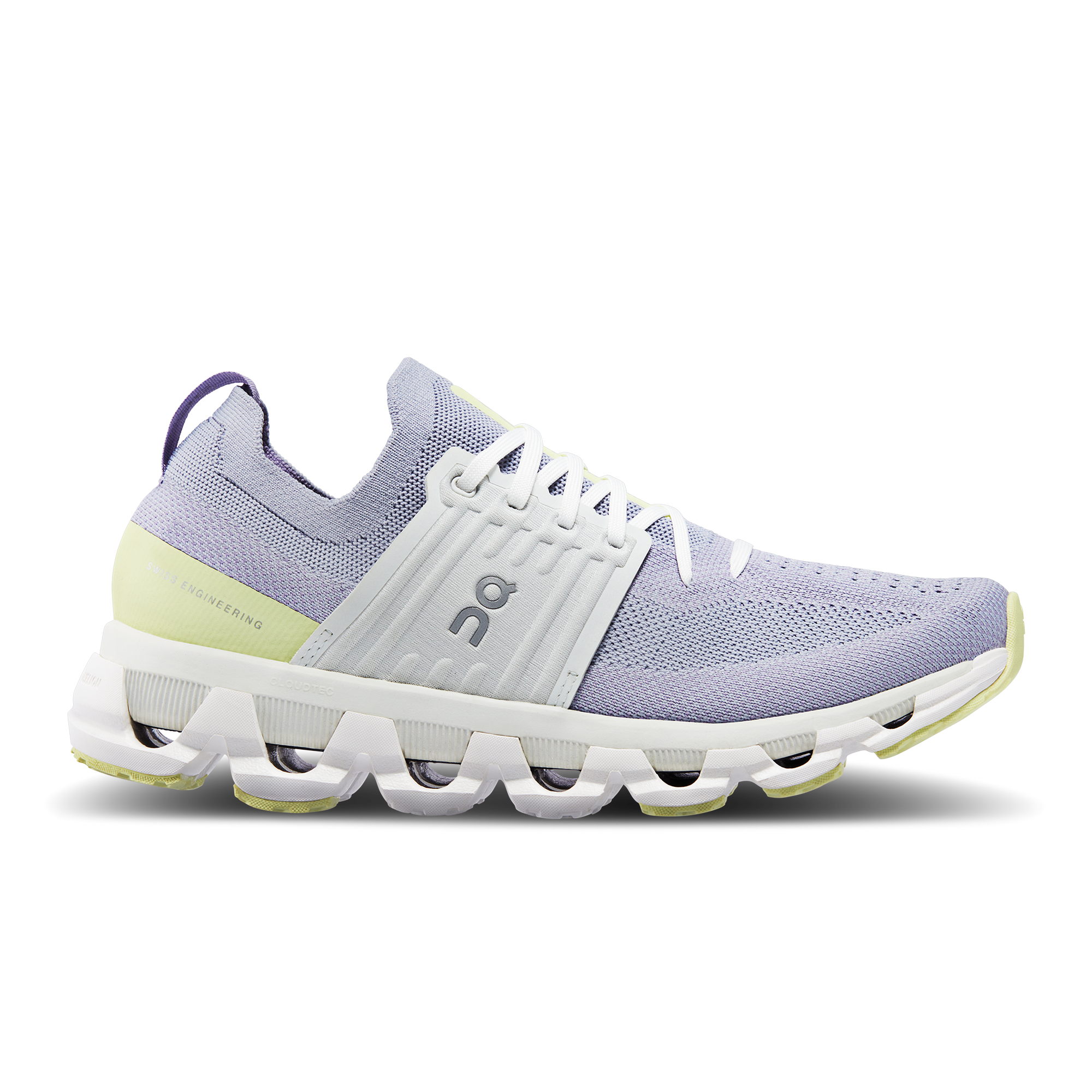 Side view on white background of Womens On Cloudswift 3 running shoe in Nimbus/Hay, Medium (Regular) width
