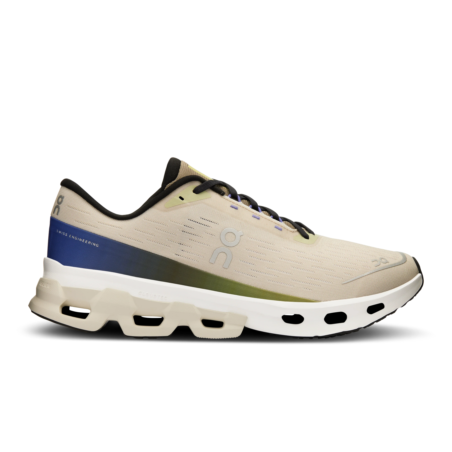 Side view on white background of Mens On Cloudspark running shoe in Ice/Grove, Medium (Regular) width