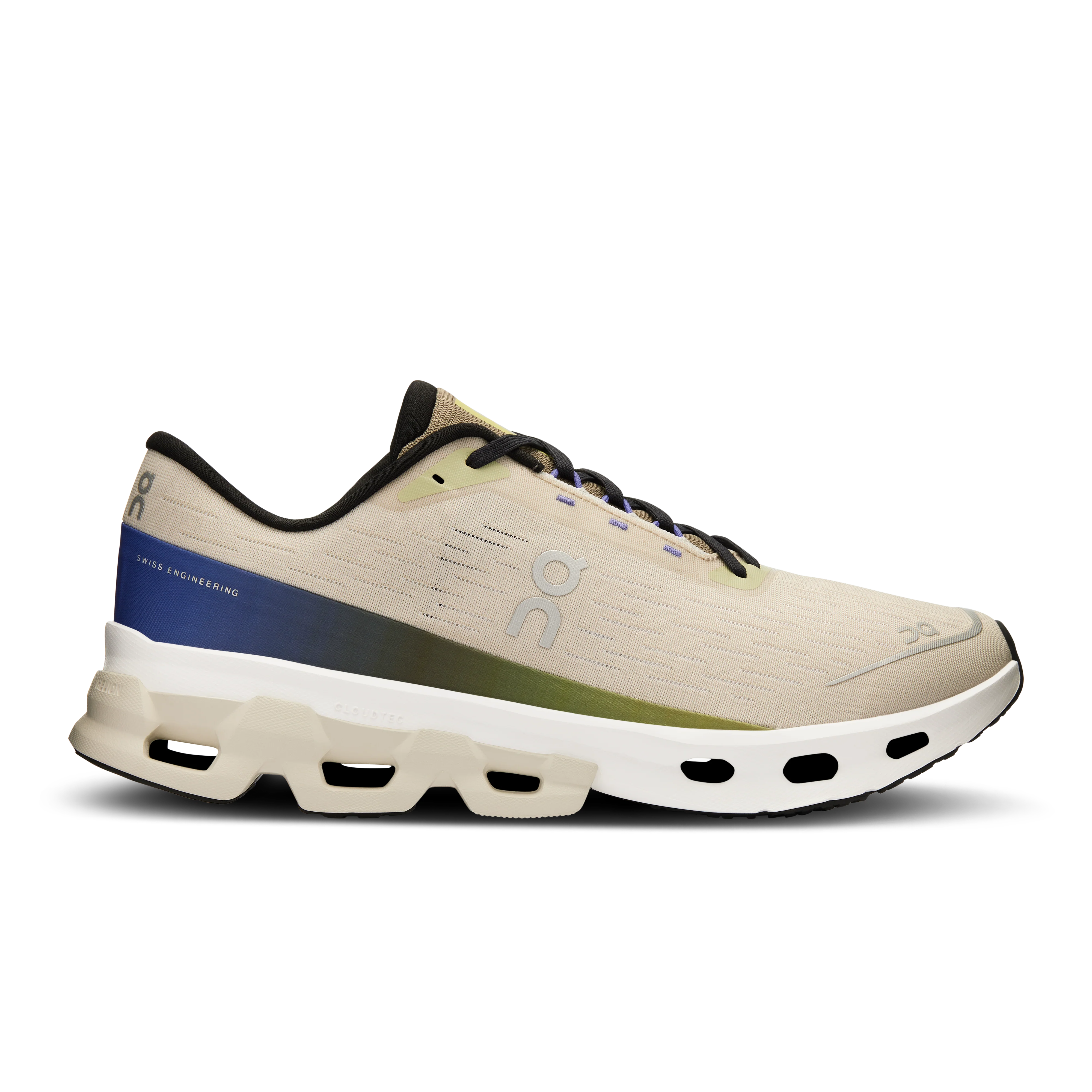 Side view on white background of Mens On Cloudspark running shoe in Ice/Grove, Medium (Regular) width