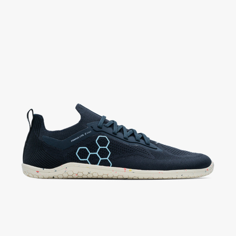 Side view on white background of Mens Vivobarefoot Primus Lite Knit running shoe in Midnight, Medium (Regular) width