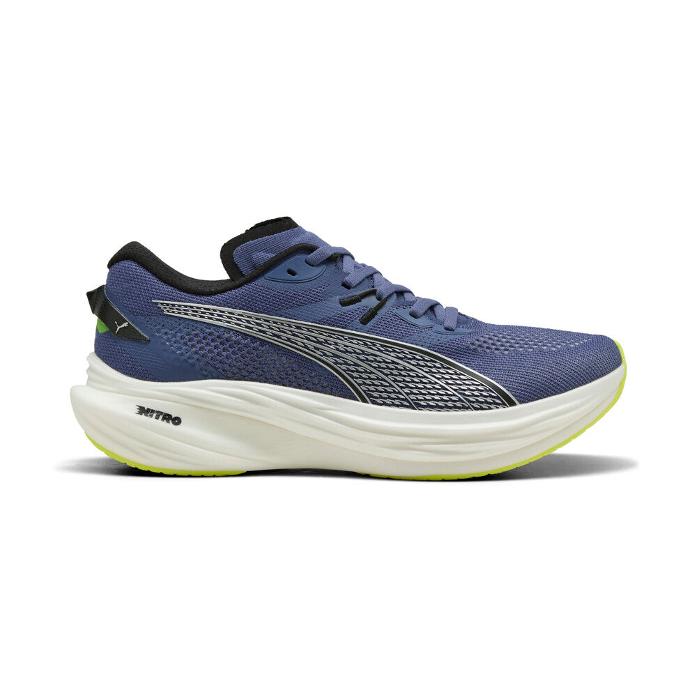 Side view on white background of Mens Puma Deviate Nitro 3 running shoe in Blue Crystal/Puma Black, Medium (Regular) width
