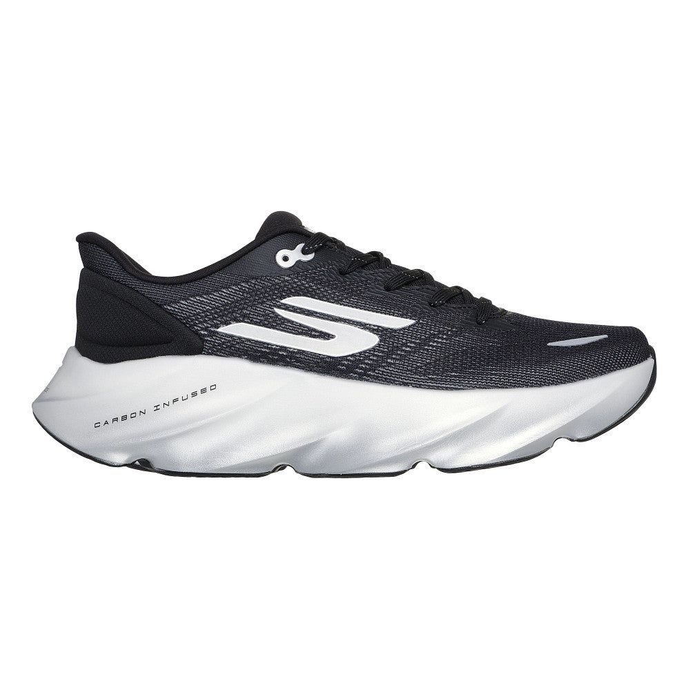 Side view on white background of Womens Skechers Aero Burst running shoe in Black/White, Medium (Regular) width