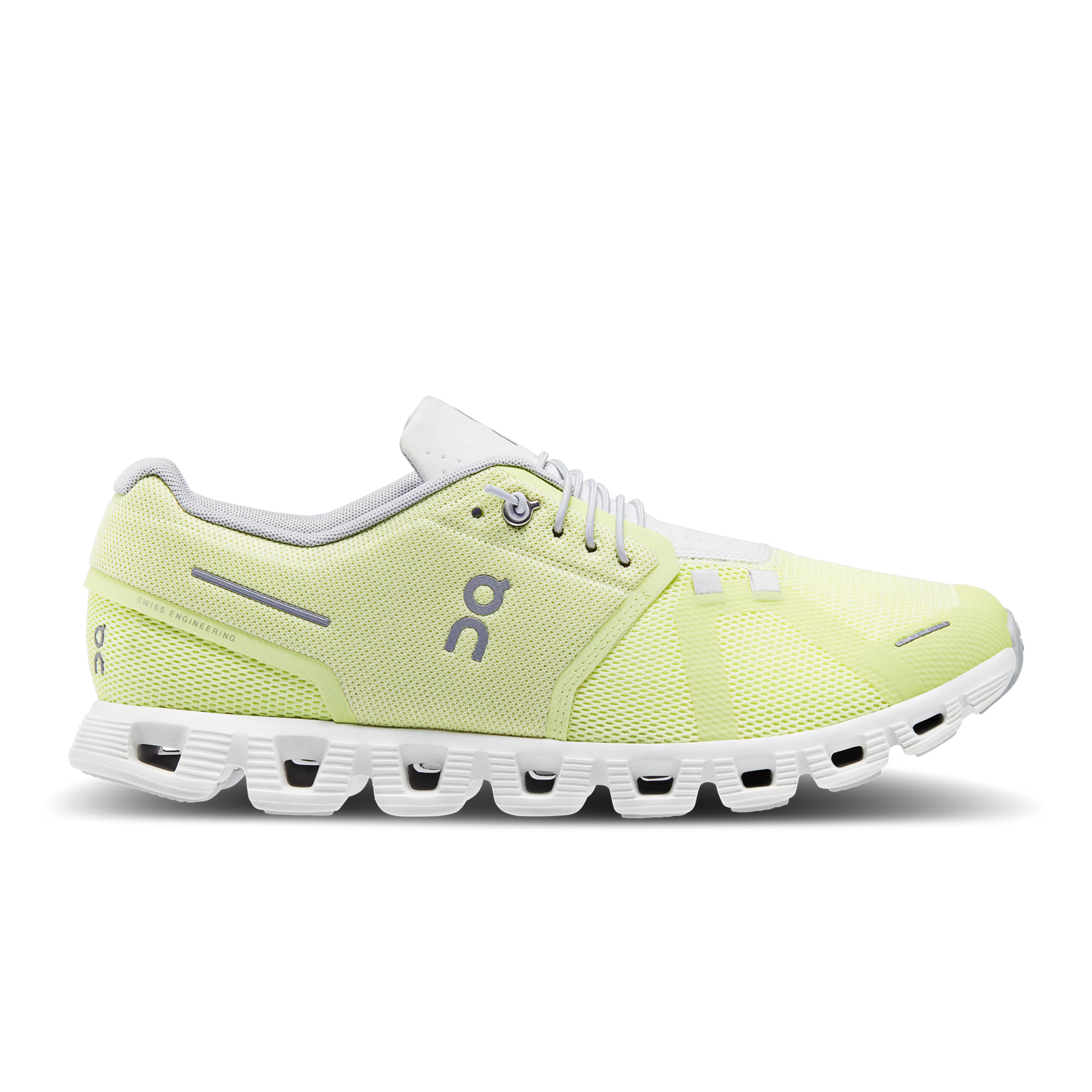 Side view on white background of Mens On Cloud 5 running shoe in Hay/Frost, Medium (Regular) width