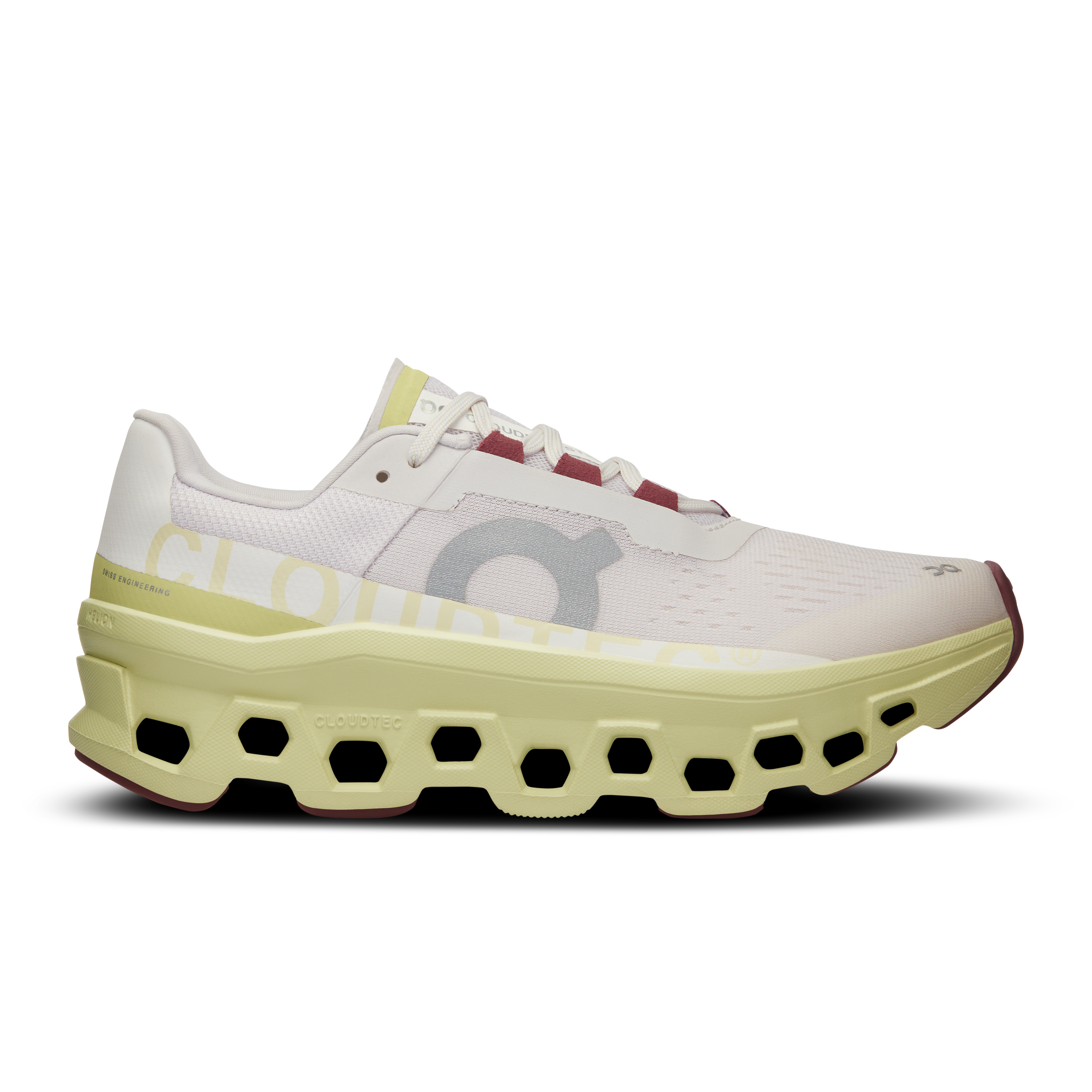 Side view on white background of Mens On Cloudmonster running shoe in Frost/Acacia, Medium (Regular) width