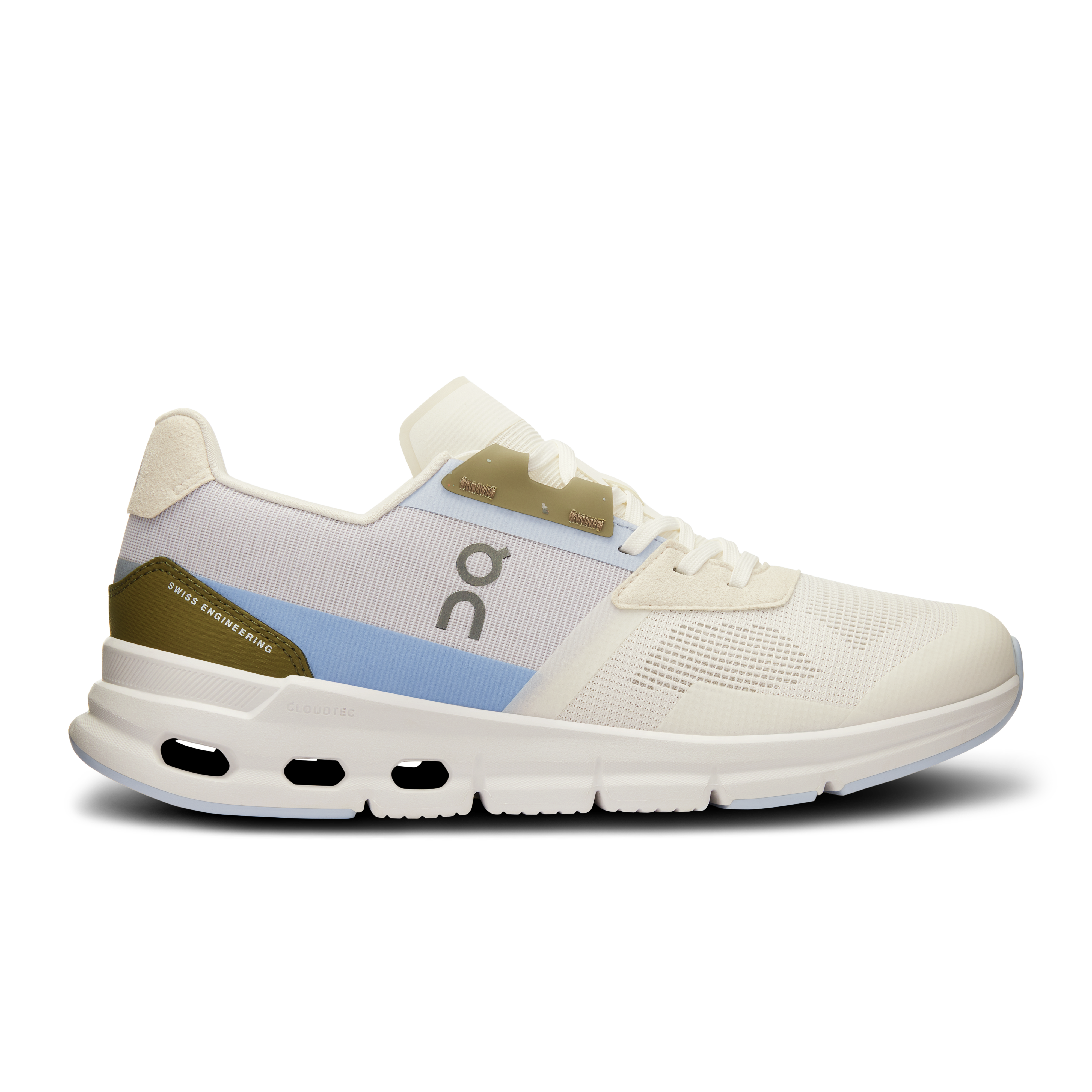 Side view on white background of Womens On Cloudrift running shoe in Ivory/Heather, Medium (Regular) width