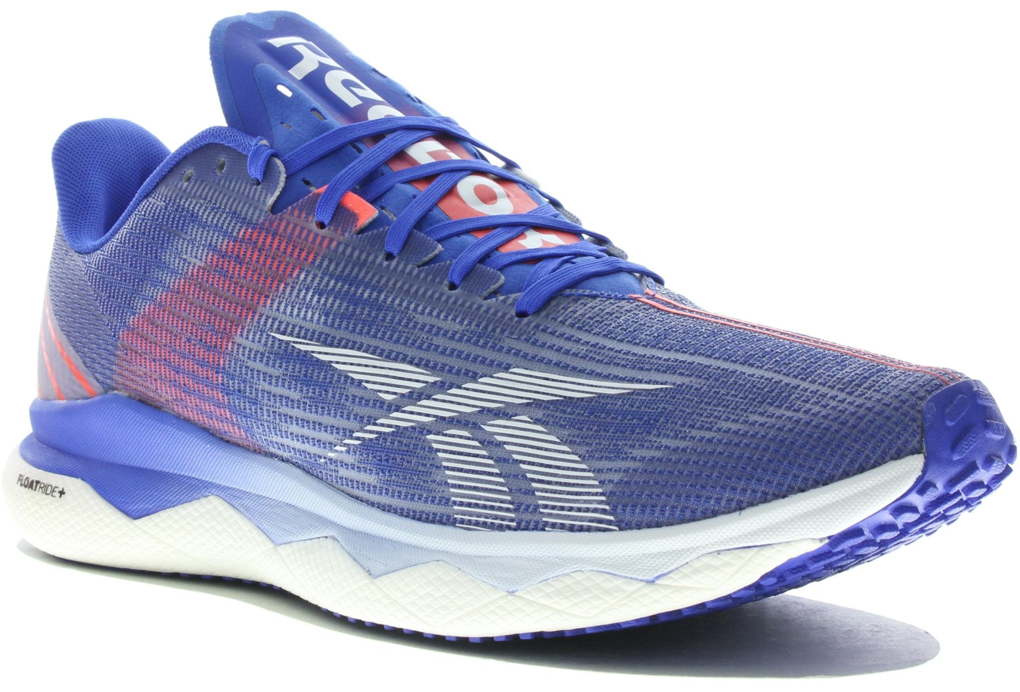 Side view on white background of Mens Reebok Floatride Run Fast 3.0 running shoe in Court Blue/Ftwr White/Orange Flare, Medium (Regular) width