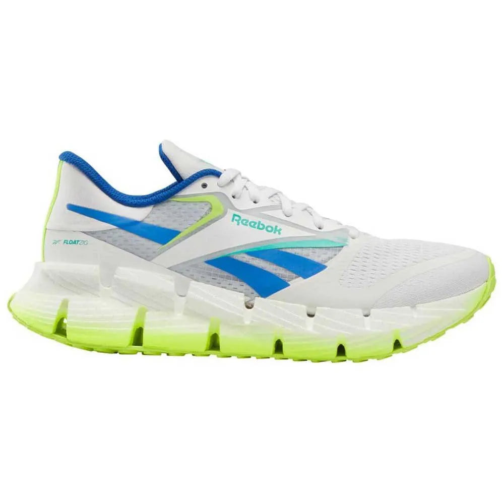 Side view on white background of Mens Reebok Floatzig 1 running shoe in Ftwr White/Digital Lime/Kinetic Blue, Medium (Regular) width