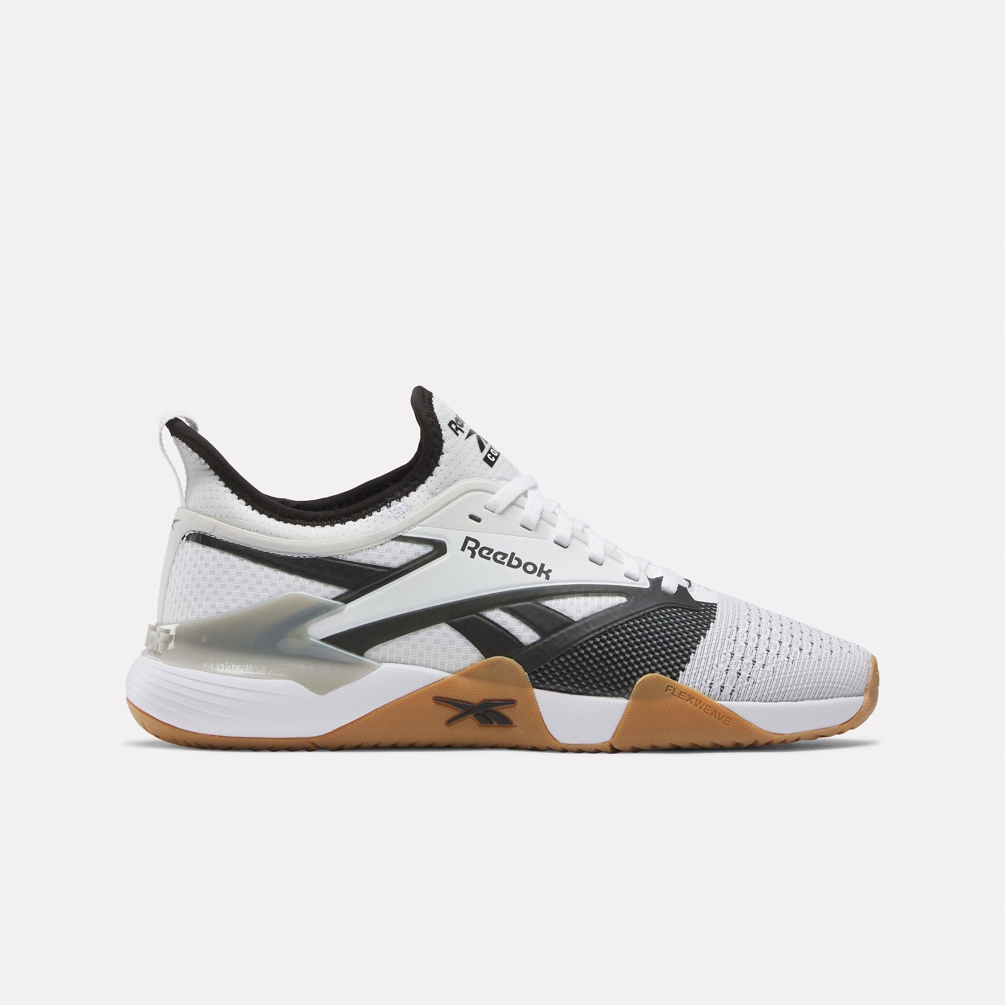 Side view on white background of Mens Reebok Nano Court running shoe in White/Black/Grey, Medium (Regular) width