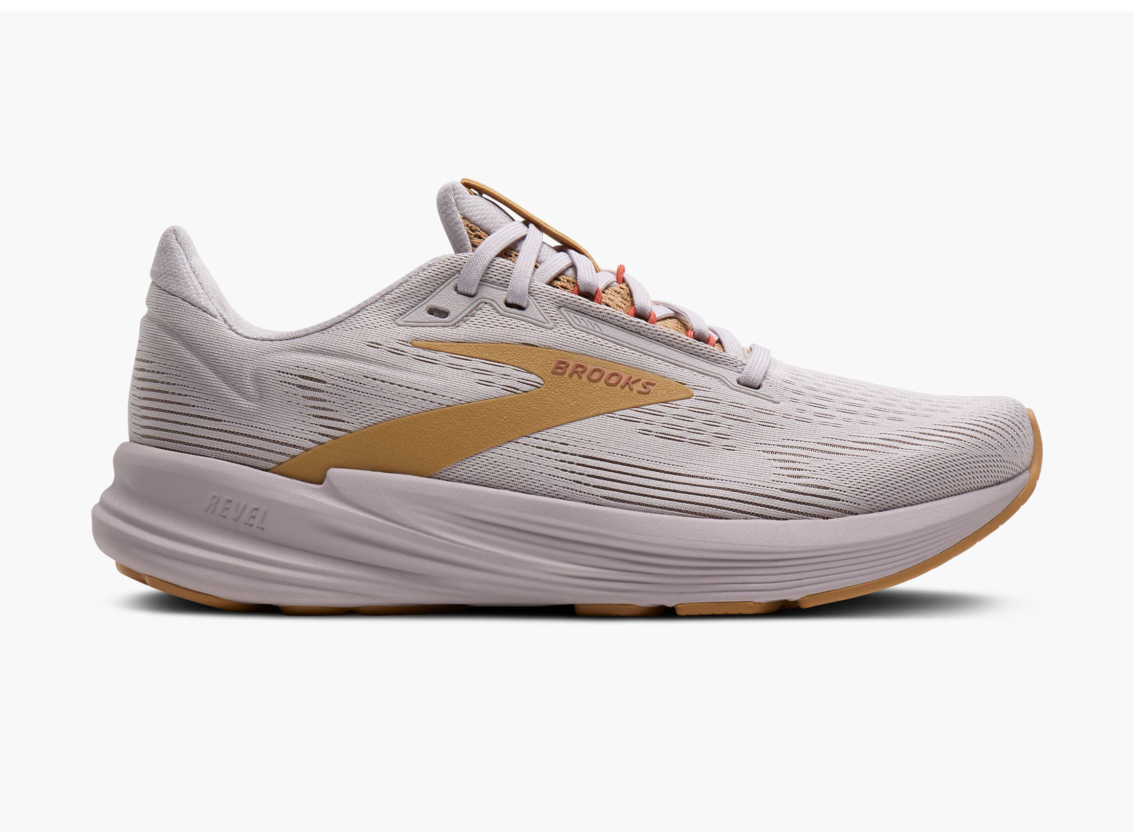 Side view on white background of Womens Brooks Revel 8 running shoe in Lilac/Apricot/Taffy, Medium (Regular) width