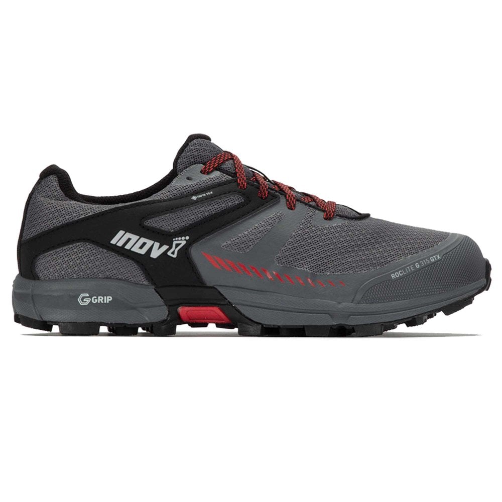 Side view on white background of Mens Inov8 Roclite G 315 GTX V2 running shoe in Grey/Black/Red, Medium (Regular) width