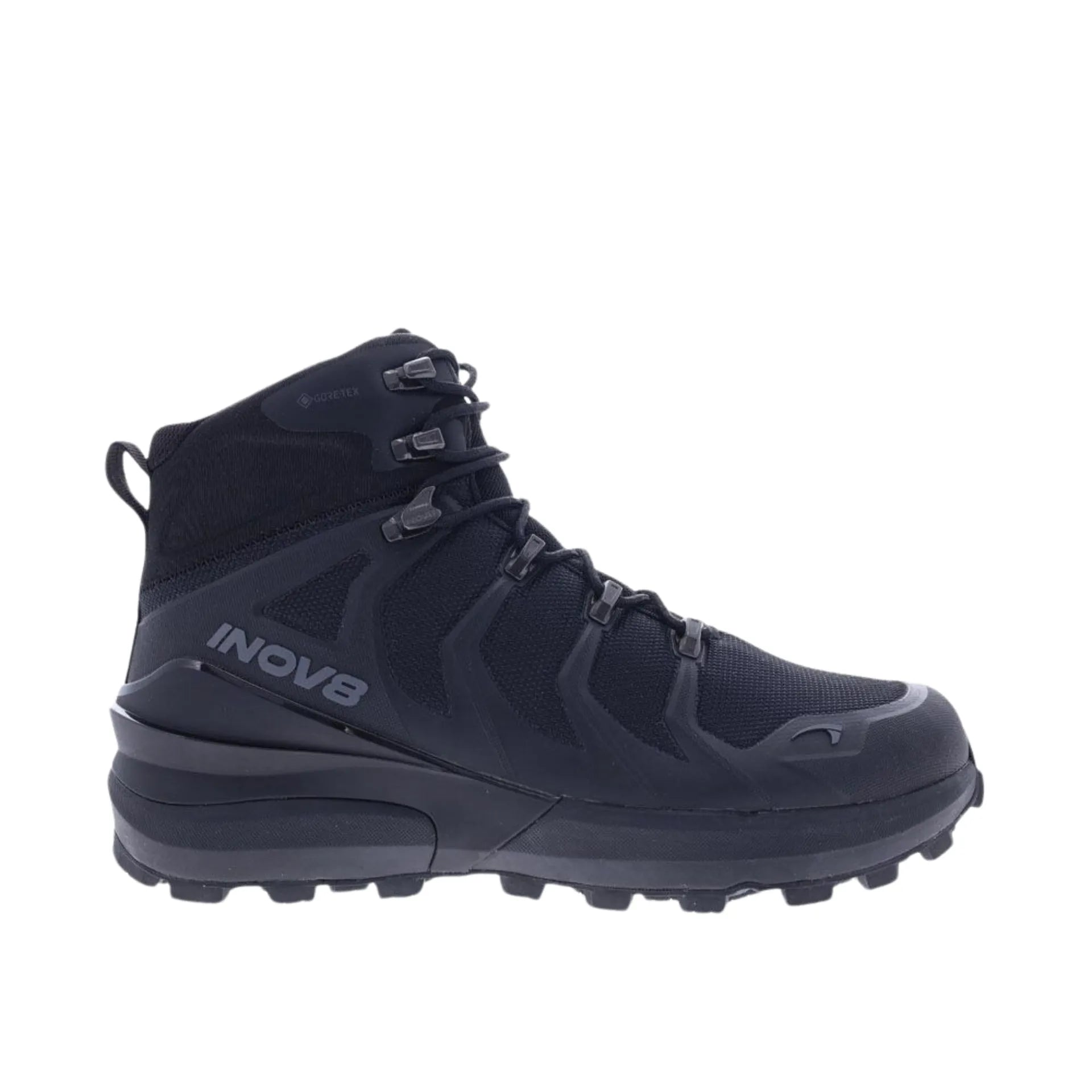 Side view on white background of Mens Inov8 Roclite Pro Mid GTX running shoe in Black, Wide width