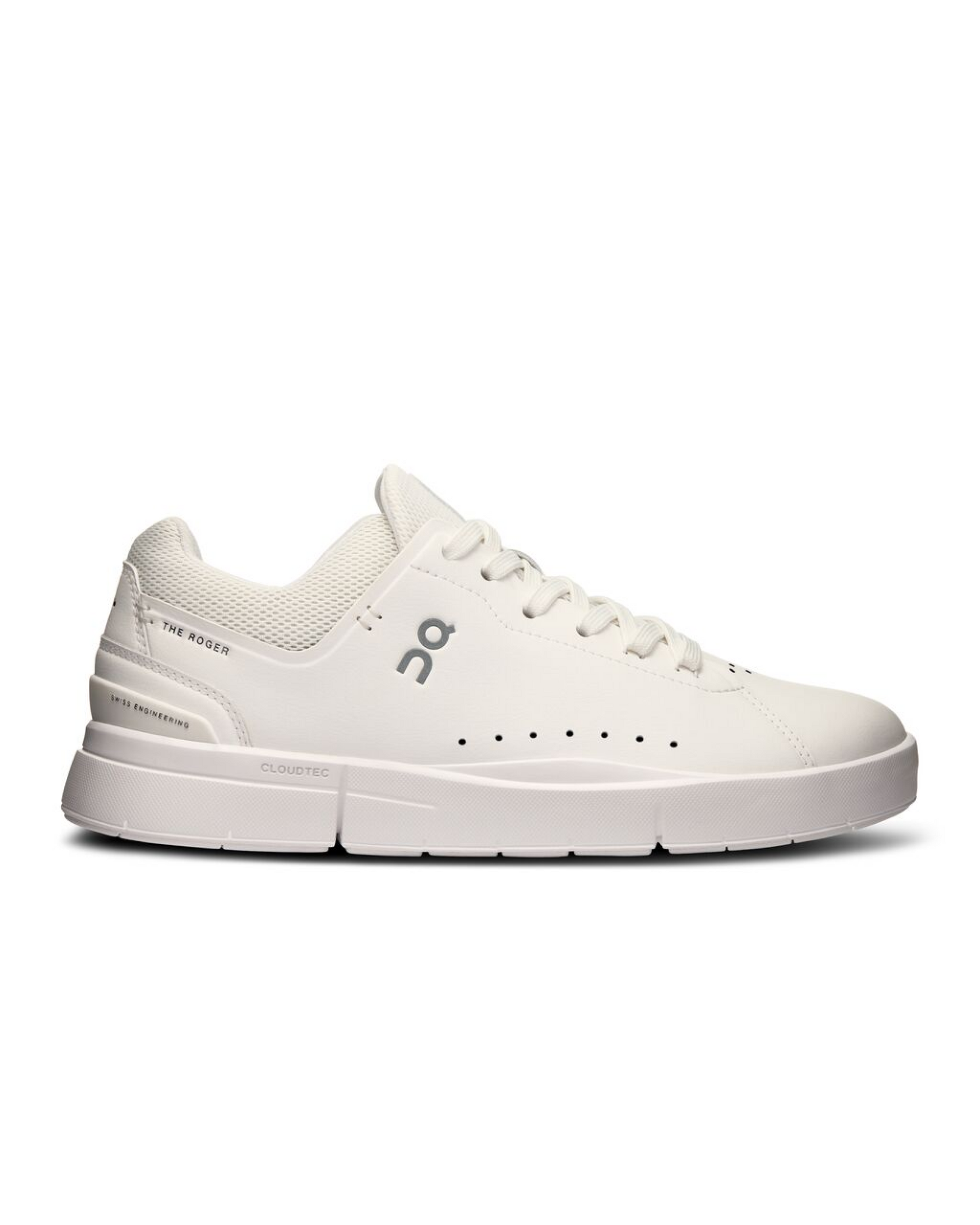 Side view on white background of Mens On The Roger Advantage running shoe in White/White, Medium (Regular) width