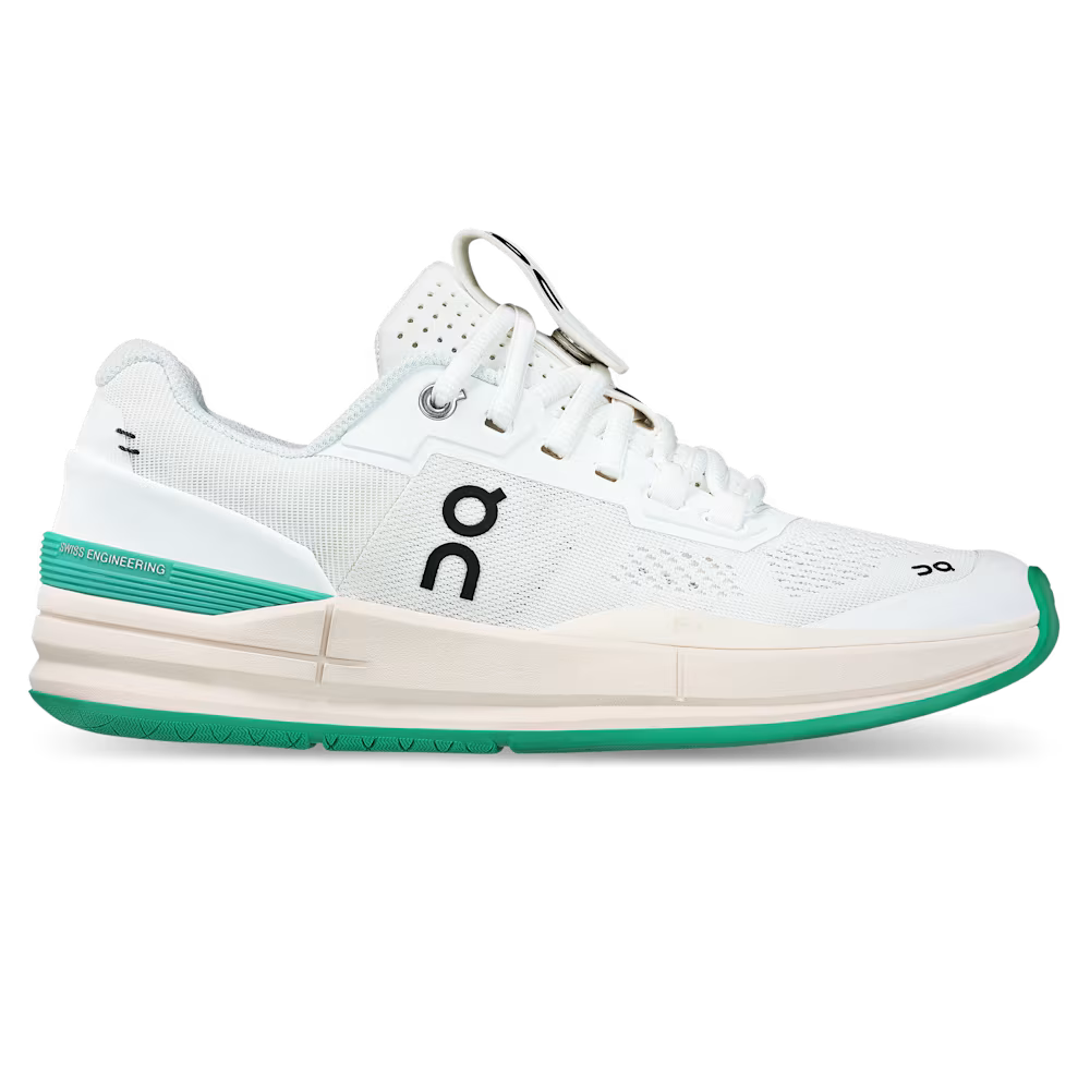 Side view on white background of Womens On The Roger Pro running shoe in White/Green, Medium (Regular) width