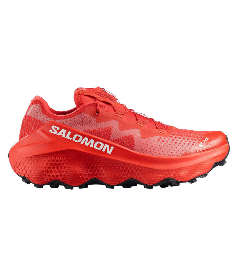 Side view on white background of Mens Salomon S/Lab Ultra Glide 1.5 running shoe in Fiery Red, Medium (Regular) width