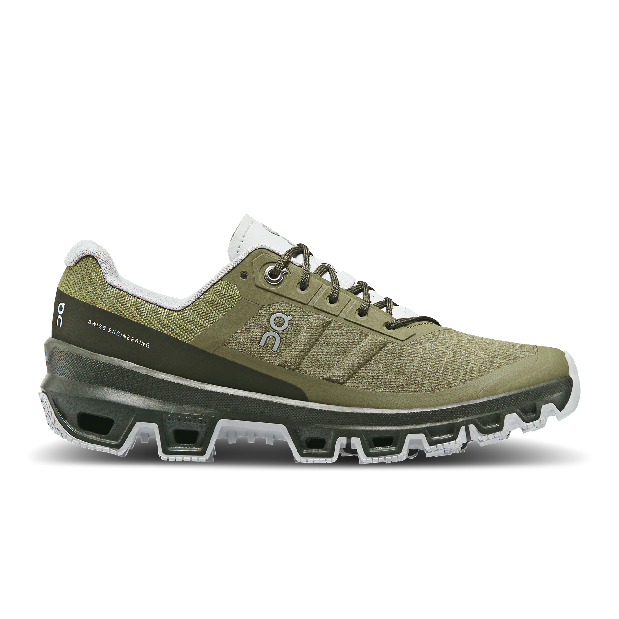 Side view on white background of Womens On Cloudventure 3 running shoe in Olive/Fir, Medium (Regular) width