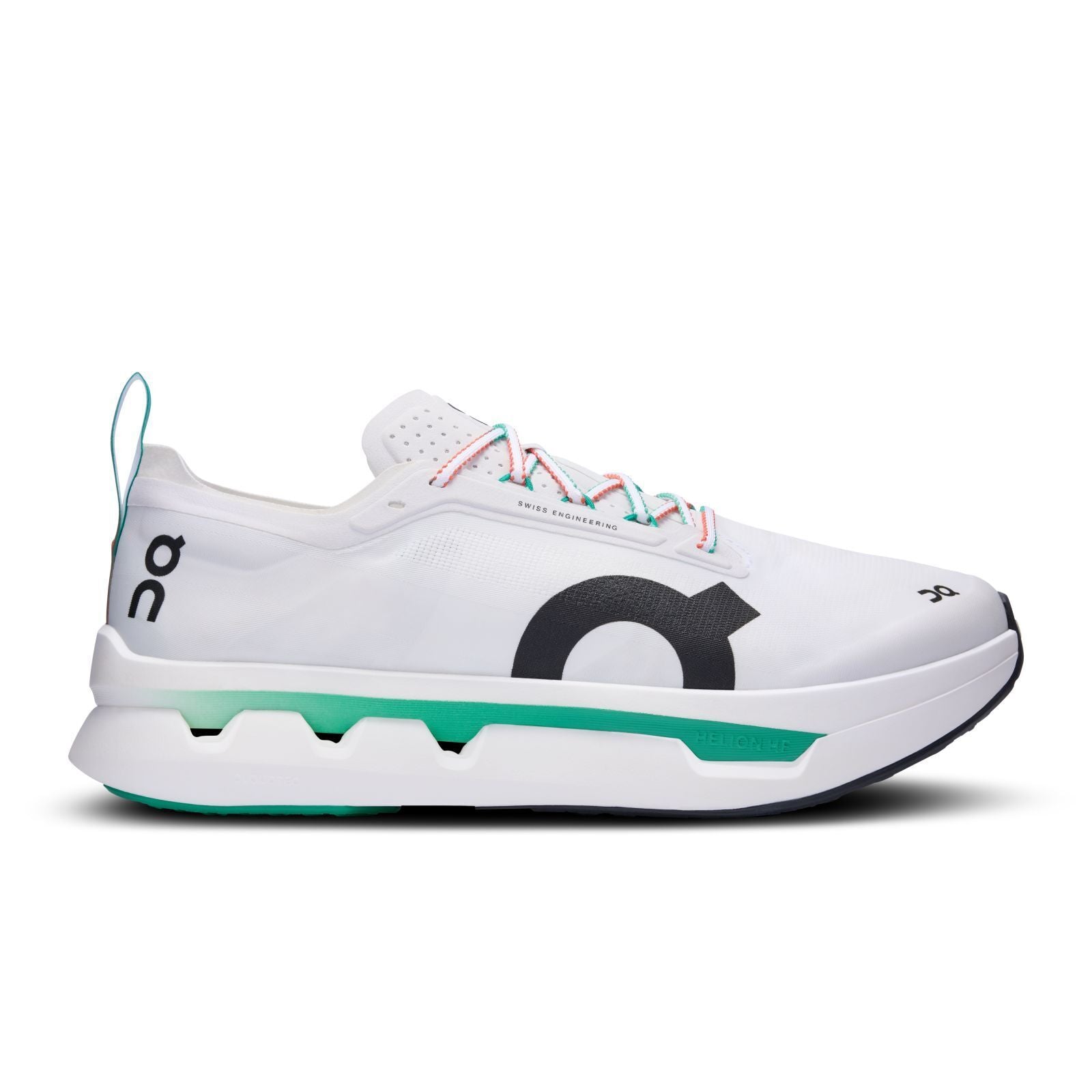 Side view on white background of Mens On Cloudboom Zone running shoe in White/Flame, Medium (Regular) width