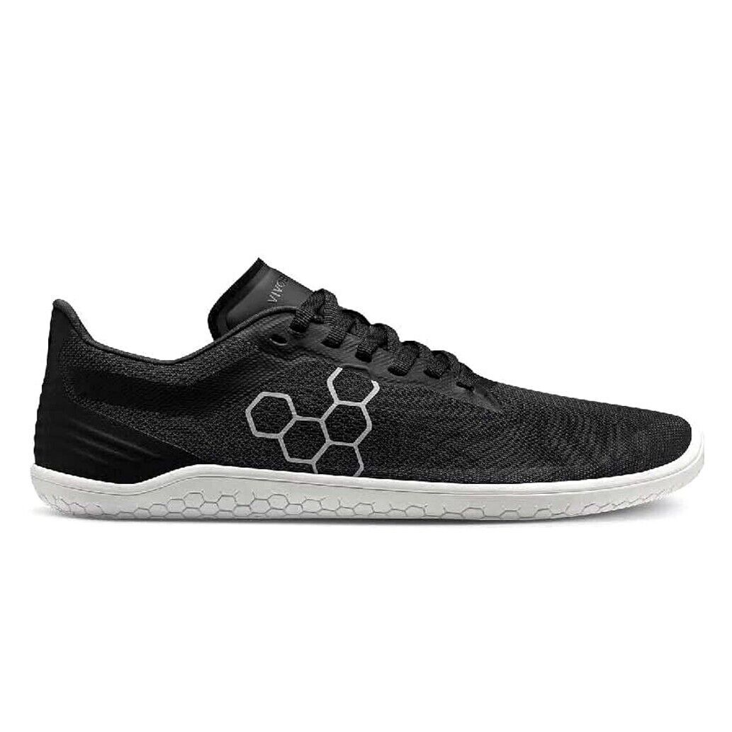 Side view on white background of Mens Vivobarefoot Geo Racer Knit running shoe in Obsidian, Medium (Regular) width