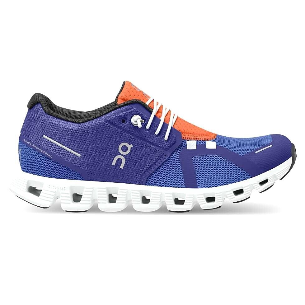 Side view on white background of Womens On Cloud 5 Push running shoe in Cobalt/Indigo, Medium (Regular) width