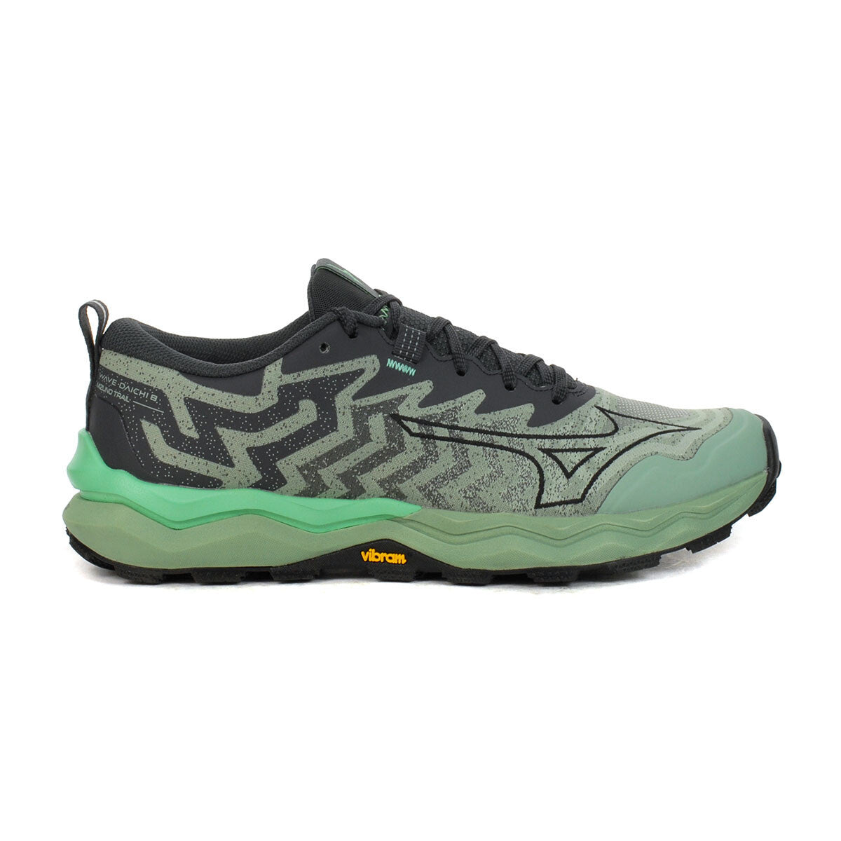 Side view on white background of Mens Mizuno Wave Daichi 8 running shoe in Grey Jade/Black Oyster, Medium (Regular) width
