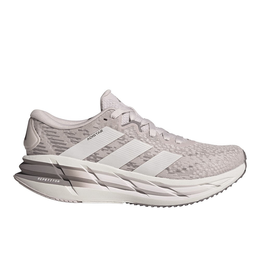 Side view on white background of Womens Adidas Adistar 4 running shoe in Ice Purple/Crystal White/Taupe Oxide, Medium (Regular) width