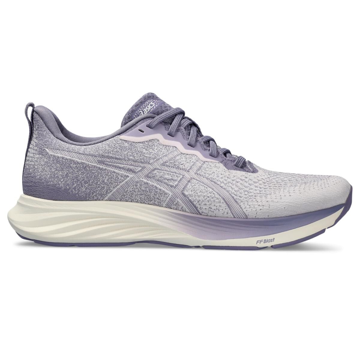 Side view on white background of Womens Asics Dynablast 4 running shoe in Cosmos and Ash Rock, Medium width