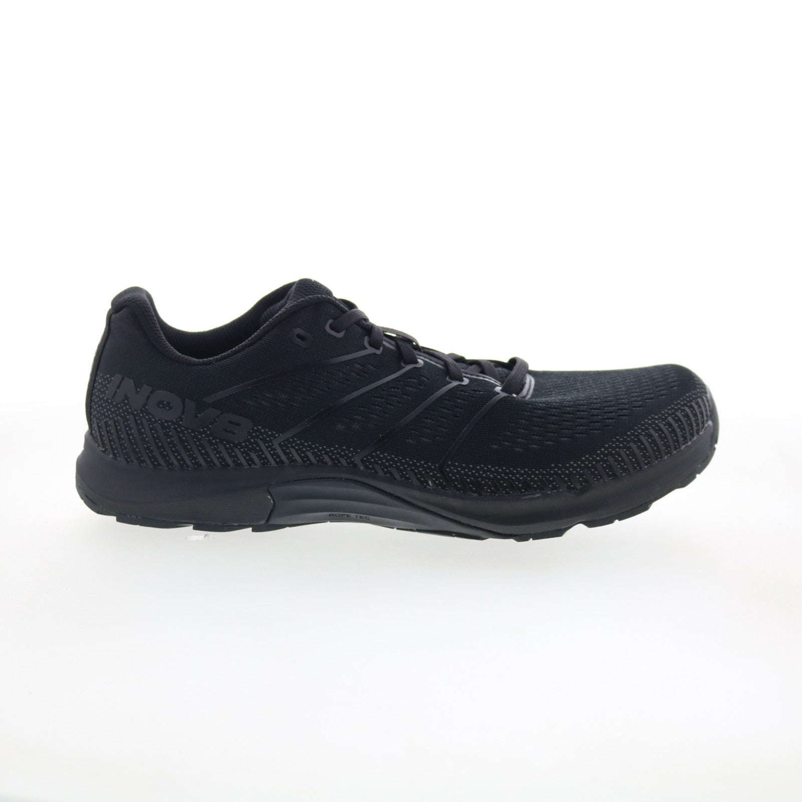 Side view on white background of Mens Inov8 F-Fly running shoe in Black/Grey, Medium (Regular) width