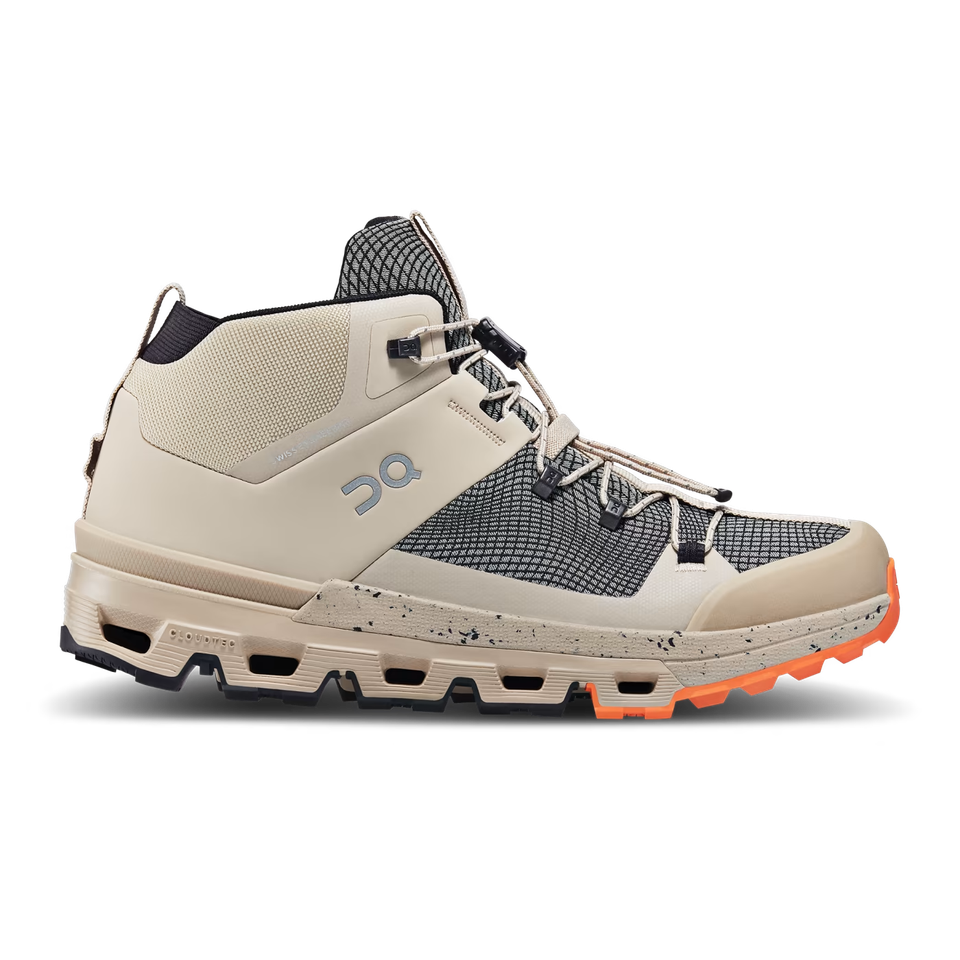 Side view on white background of Womens On Cloudtrax Sensa running shoe in Sand/Flame, Medium (Regular) width