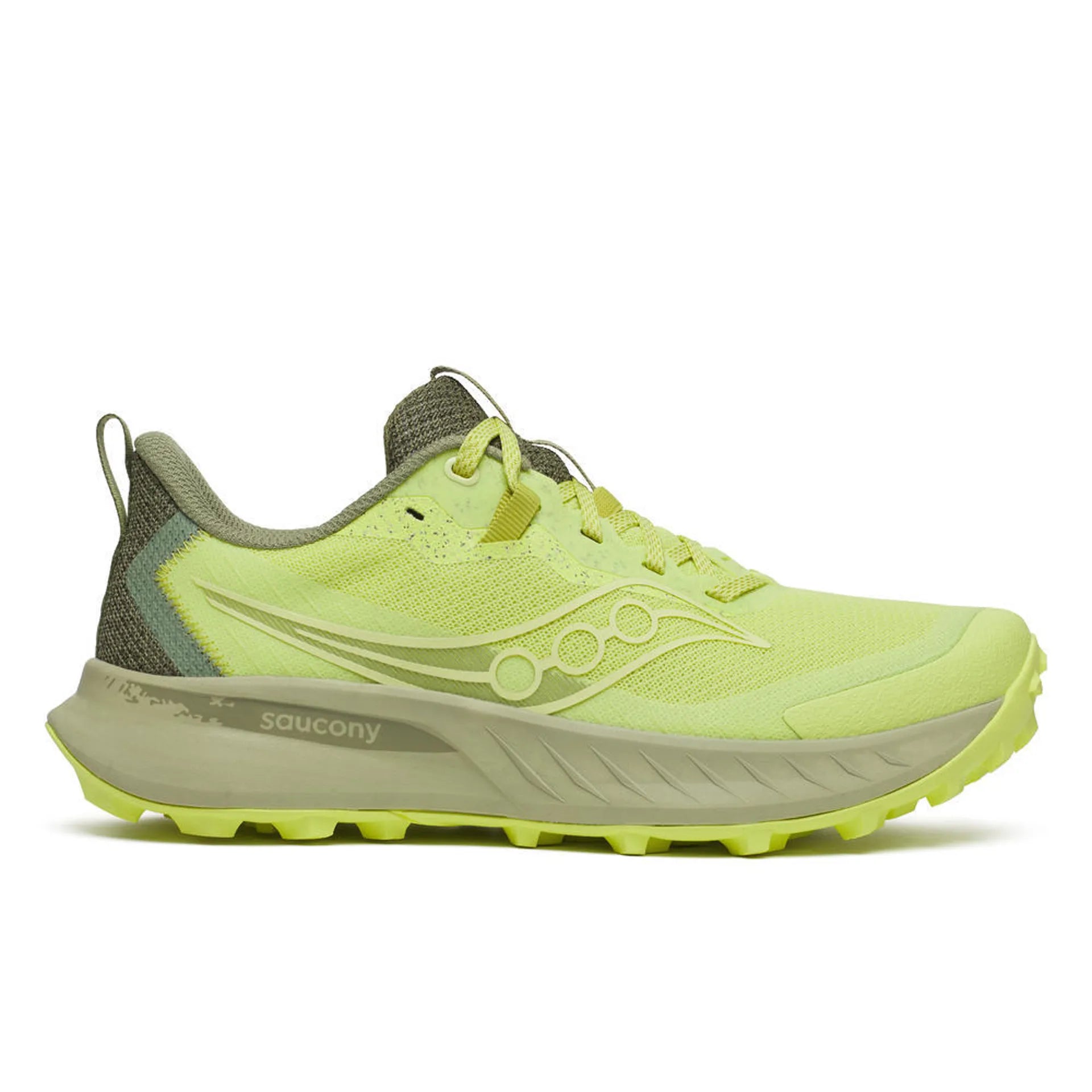 Side view on white background of Womens Saucony Peregrine 15 running shoe in Sunny/Hemlock, Medium (Regular) width