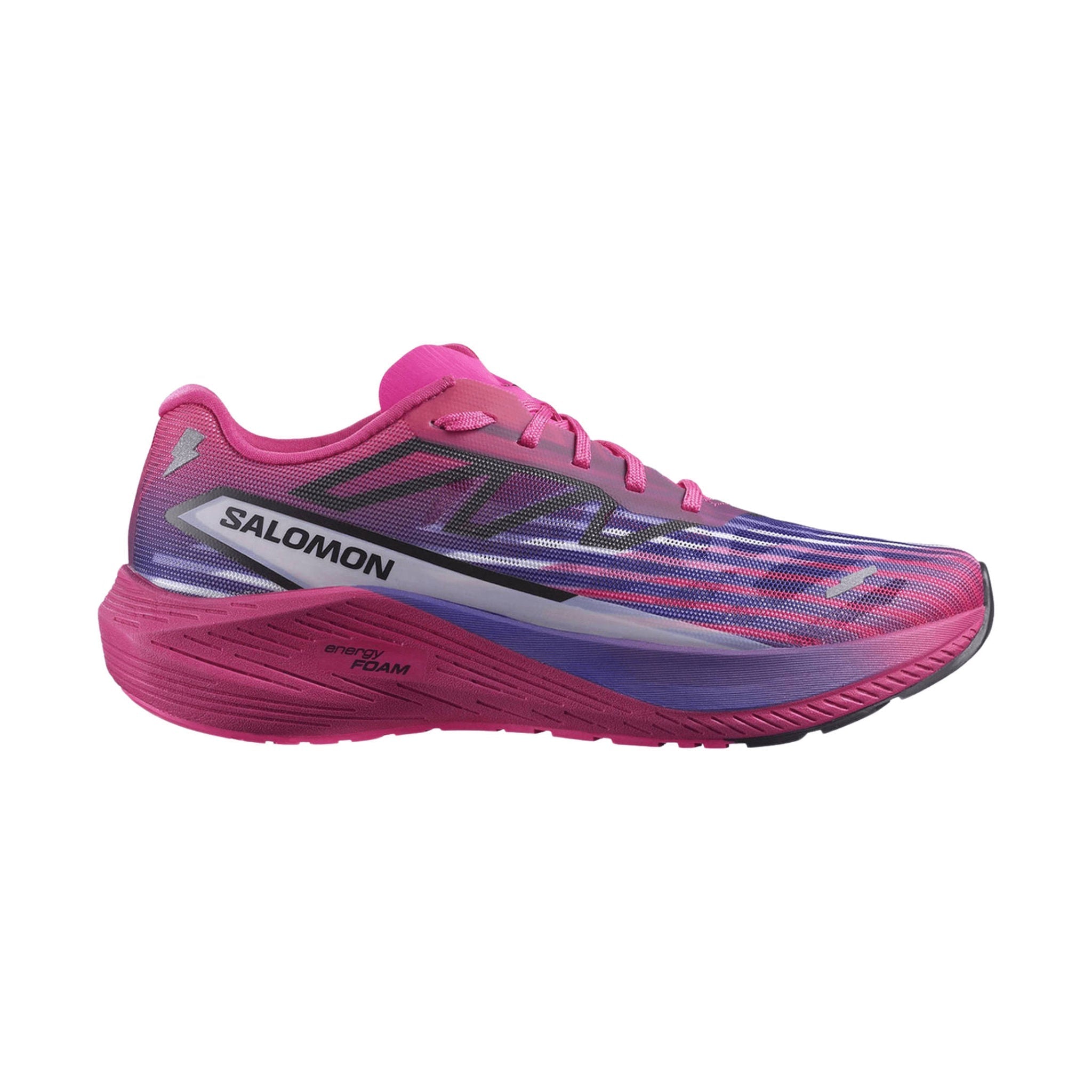 Side view on white background of Womens Salomon Aero Volt 2 running shoe in Pink Glo/Beetroot Purple/Spectrum Blue, Medium (Regular) width