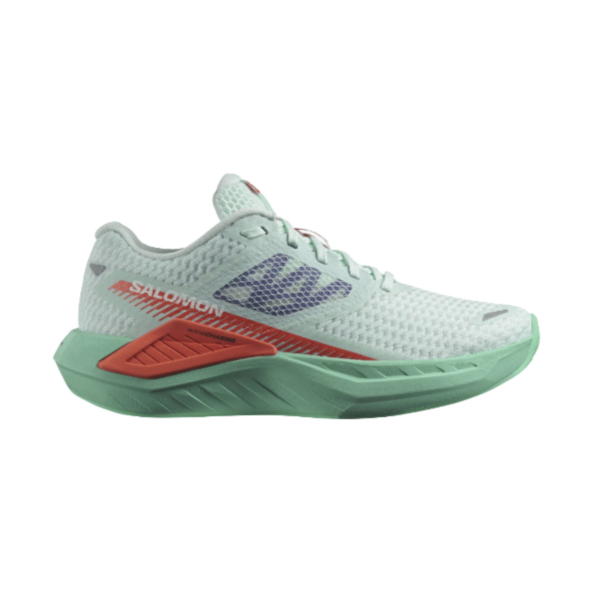 Side view on white background of Womens Salomon DRX Defy running shoe in Bay/Cherry Tomato/Electric Green, Medium (Regular) width