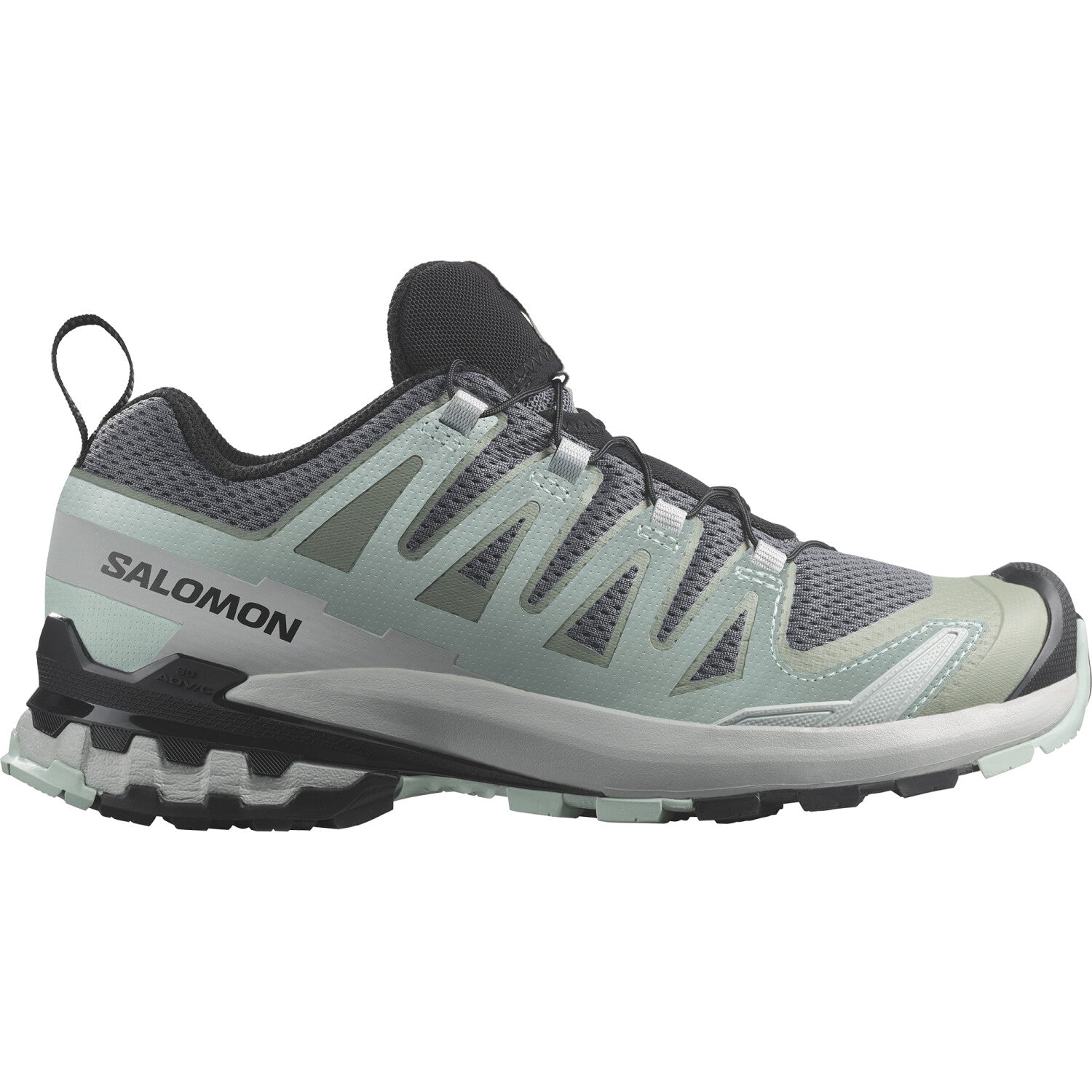 Side view on white background of Womens Salomon XA Pro 3D V9 running shoe in Quiet Shade/Lily Pad/Blue Haze, Medium (Regular) width