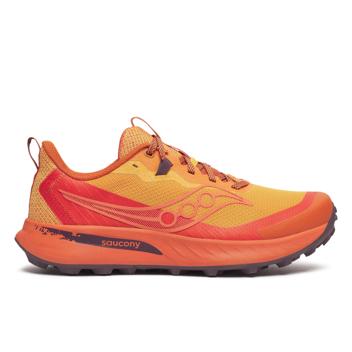 Side view on white background of Mens Saucony Peregrine 15 running shoe in Autumn/Amber, Medium (Regular) width