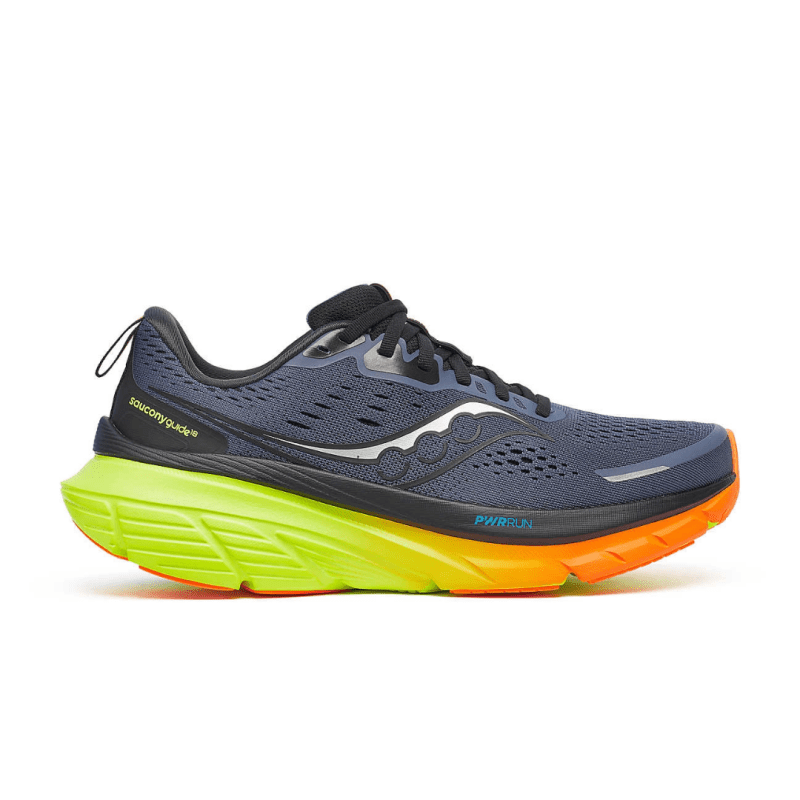 Side view on white background of Mens Saucony Guide 18 running shoe in Shadow/Vizi, Medium (Regular) width