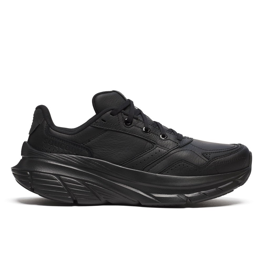 Side view on white background of Mens Saucony Guide Metro LE running shoe in Triple Black, Wide width